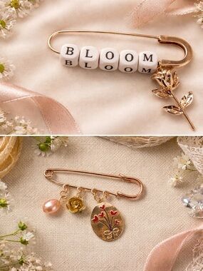 Gold-tone 'Bloom' Charm Safety Pin Brooch with Rose & Heart Charms